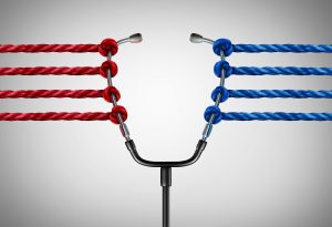 Medical politics and health reform challenges or universal healthcare system stress concept as a group of opposing ropes pulling on a doctor stethoscope as a medicine management symbol with 3D illustration elements.